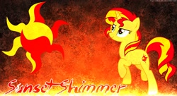 Size: 1980x1080 | Tagged: safe, artist:rogue-robot-arts, imported from derpibooru, sunset shimmer, pony, unicorn, cutie mark, female, raised hoof, signature, solo, vector, wallpaper