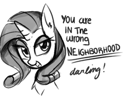 Size: 599x494 | Tagged: safe, artist:aureai-sketches, imported from derpibooru, rarity, pony, chest fluff, darling, dialogue, female, grayscale, lidded eyes, monochrome, open mouth, simple background, smiling, solo, white background, wrong neighborhood