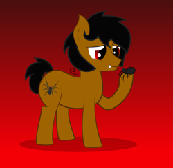 Size: 1494x1451 | Tagged: safe, artist:megabyte1835, imported from derpibooru, oc, oc only, oc:black poison, earth pony, pony, spider, fangs, gradient background, male, show accurate, smiling, stallion