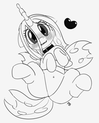 Size: 1280x1577 | Tagged: safe, artist:pabbley, imported from derpibooru, queen chrysalis, pony, belly button, blushing, collar, cute, cutealis, female, heart, monochrome, on back, simple background, solo