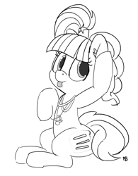 Size: 1280x1638 | Tagged: safe, artist:pabbley, imported from derpibooru, pacific glow, pinkie pie, pony, covered cutie mark, disguise, female, monochrome, pinkie clone, simple background, sitting, solo, tongue out, white background