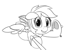 Size: 1280x900 | Tagged: safe, artist:pabbley, imported from derpibooru, rainbow dash, pony, female, flying, monochrome, selfie, selfie stick, simple background, smiling, solo, underhoof, white background