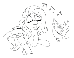 Size: 1280x1000 | Tagged: safe, artist:pabbley, imported from derpibooru, fluttershy, bird, eyes closed, monochrome, open mouth, simple background, singing, white background