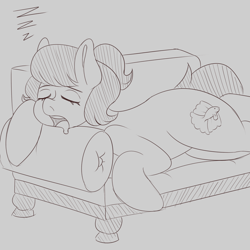 Size: 1280x1280 | Tagged: safe, artist:askamberfawn, imported from derpibooru, oc, oc only, oc:glass tapper, pony, couch, monochrome, sleeping, solo, zzz