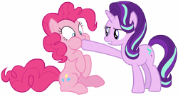 Size: 16500x9000 | Tagged: safe, artist:tardifice, imported from derpibooru, pinkie pie, starlight glimmer, every little thing she does, absurd resolution, hoof in mouth, puffy cheeks, simple background, sitting, transparent background, vector, wide eyes