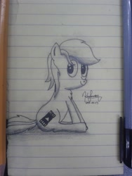 Size: 1920x2560 | Tagged: dead source, safe, artist:kimjoman, artist:php142, imported from derpibooru, oc, oc only, oc:purple flix, pony, grayscale, lined paper, monochrome, sitting, smiling, solo, traditional art