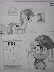 Size: 1536x2048 | Tagged: dead source, safe, artist:kimjoman, artist:php142, imported from derpibooru, oc, oc only, oc:purple flix, pony, comic, friday the 13th, grayscale, monochrome, solo, traditional art