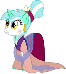 Size: 1001x1113 | Tagged: safe, artist:cloudy glow, artist:cloudyglow, imported from derpibooru, lyra heartstrings, pony, alternate hairstyle, clothes, clothes swap, cosplay, costume, crossover, disney, ear piercing, earring, female, historical chinese clothing, jewelry, makeup, mulan, piercing, simple background, smiling, solo, transparent background, vector