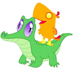 Size: 786x717 | Tagged: safe, artist:red4567, imported from derpibooru, gummy, peewee, alligator, phoenix, baby phoenix, cute, duo, peewee riding gummy, peeweebetes, pets riding pets, phoenix chick, phoenixes riding gators, ride, rider, riding, simple background, white background