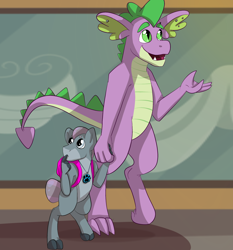 Size: 2048x2200 | Tagged: safe, artist:percy-mcmurphy, imported from derpibooru, spike, oc, oc:greyscale, dracony, hybrid, duo, interspecies offspring, offspring, older, older spike, parent:silver spoon, parent:spike, parents:silverspike