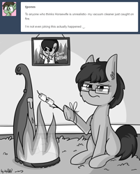 Size: 1920x2389 | Tagged: safe, artist:dsp2003, imported from derpibooru, oc, oc only, oc:tjpones, earth pony, pony, ask, black and white, disco, disco inferno, fire, food, grayscale, i can't believe it's not tjpones, male, marshmallow, monochrome, ponysona, style emulation, tumblr, vacuum burner, vacuum cleaner