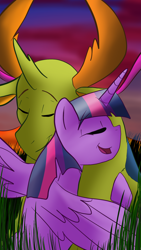 Size: 1080x1920 | Tagged: safe, artist:percy-mcmurphy, imported from derpibooru, thorax, twilight sparkle, alicorn, changedling, changeling, pony, to where and back again, :t, duo, eyes closed, grass, hug, king thorax, male, open mouth, shipping, smiling, spread wings, straight, twilight sparkle (alicorn), twirax