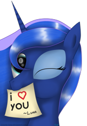 Size: 1629x2338 | Tagged: safe, artist:victoria-luna, imported from derpibooru, princess luna, pony, female, heart, looking at you, note, one eye closed, simple background, solo, transparent background, wink