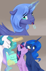 Size: 1280x1978 | Tagged: safe, artist:silfoe, imported from derpibooru, princess celestia, princess luna, twilight sparkle, alicorn, pony, royal sketchbook, blushing, book, candy, cheek kiss, cute, eyes closed, female, filly, floppy ears, food, frown, kiss on the cheek, kissing, laughing, lesbian, licking, lollipop, looking at you, lunabetes, magic, pouting, scrapbook, shipping, silfoe is trying to murder us, smiling, telekinesis, tongue out, twilight sparkle (alicorn), twiluna, woona, younger