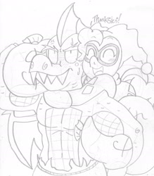 Size: 1686x1928 | Tagged: safe, artist:blackbewhite2k7, imported from derpibooru, garble, pinkie pie, dragon, buff, carrying, harley quinn, hug, killer croc, money bag, muscles, sketch, wip