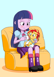 Size: 883x1248 | Tagged: safe, artist:artiecanvas, imported from derpibooru, sunset shimmer, twilight sparkle, equestria girls, age regression, artiecanvas is trying to murder us, baby, baby bottle, babyset shimmer, boots, bottle feeding, clothes, couch, cute, diaper, high heel boots, leg warmers, mama twilight, pleated skirt, poofy diaper, shoes, skirt, younger