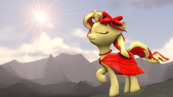 Size: 1280x720 | Tagged: safe, artist:fd-daylight, imported from derpibooru, sunset shimmer, pony, equestria girls, 3d, alternate hairstyle, clothes, crepuscular rays, female, scenery, solo, source filmmaker, sun