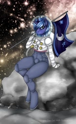 Size: 595x960 | Tagged: safe, artist:space-hair, imported from derpibooru, princess luna, anthro, unguligrade anthro, astronaut, female, flag, moon, s1 luna, solo, space, spacesuit