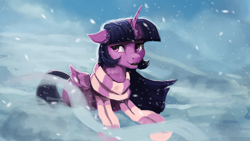 Size: 1920x1080 | Tagged: safe, artist:hierozaki, imported from derpibooru, twilight sparkle, alicorn, pony, clothes, female, floppy ears, fluffy, scarf, snow, snowfall, solo, twilight sparkle (alicorn), windswept mane, winter