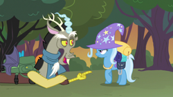 Size: 1280x720 | Tagged: safe, imported from derpibooru, screencap, discord, trixie, pony, unicorn, to where and back again, annoyed, crossed arms, female, lidded eyes, looking at each other, mare, open mouth, raised hoof, trixie's hat