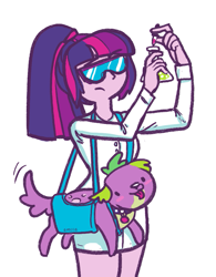 Size: 679x869 | Tagged: safe, artist:mcponyponypony, imported from derpibooru, sci-twi, spike, spike the regular dog, twilight sparkle, dog, equestria girls, clothes, dropper, goggles, lab coat, purse, safety goggles, science, simple background, white background