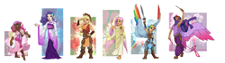 Size: 4600x1300 | Tagged: safe, artist:joan-grace, imported from derpibooru, applejack, fluttershy, pinkie pie, rainbow dash, rarity, twilight sparkle, butterfly, human, absurd resolution, armor, armpits, barefoot, boots, bracelet, clothes, colored wings, colored wingtips, dark skin, dress, ear piercing, earring, element of magic, elf ears, feet, flexing, glare, gypsy pie, humanized, jewelry, kimono (clothing), lipstick, magic wand, mane six, muscles, piercing, smiling, smirk, spread wings, sword, tiara, toga, twilight sparkle (alicorn), unicorns as elves, wand, weapon, winged humanization, wings