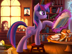 Size: 3178x2356 | Tagged: safe, artist:atlas-66, imported from derpibooru, twilight sparkle, pony, unicorn, bioshock infinite, book, female, levitation, magic, reading, russian, solo, telekinesis, translated in the comments, unicorn twilight, would you kindly