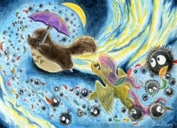 Size: 800x580 | Tagged: safe, artist:invalid-david, imported from derpibooru, fluttershy, pegasus, pony, cloud, cloudy, crossover, female, flying, leaves, mare, moon, moonlight, my neighbor totoro, night, painting, soot sprite, studio ghibli, totoro, traditional art, umbrella, watercolor painting
