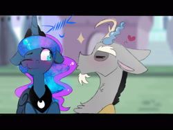 Size: 2480x1863 | Tagged: safe, artist:elementalokami, imported from derpibooru, discord, princess luna, blushing, canterlot, crown, cute, eyes closed, floppy ears, heart, jewelry, kissy face, lunacord, male, one eye closed, regalia, shipping, straight