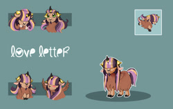 Size: 3537x2235 | Tagged: safe, artist:vindhov, imported from derpibooru, oc, oc only, oc:love letter, hybrid, original species, yakony, bangs, blush sticker, blushing, female, filly, hair over eyes, interspecies offspring, offspring, parent:prince rutherford, parent:twilight sparkle, parents:twiford, simple background, small wings, solo, teal background, tongue out