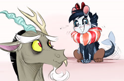 Size: 4161x2754 | Tagged: safe, artist:vindhov, imported from derpibooru, discord, oc, oc:haywire, draconequus, hybrid, absurd resolution, big eyes, father and daughter, female, filly, fluffy, interspecies offspring, offspring, parent:discord, parent:rainbow dash, parents:discodash, tail wag