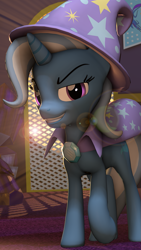 Size: 1125x2000 | Tagged: safe, artist:vinuldash, imported from derpibooru, trixie, pony, unicorn, 3d, clothes, equestrian flag, female, lens flare, mare, smirk, solo, trixie's cape, trixie's hat, walking