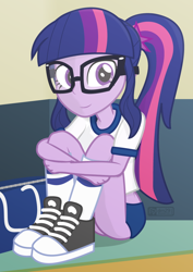 Size: 680x960 | Tagged: safe, artist:dm29, imported from derpibooru, sci-twi, twilight sparkle, equestria girls, bag, clothes, converse, cute, female, glasses, gym uniform, julian yeo is trying to murder us, ponytail, shoes, sitting, sneakers, solo, sports panties, twiabetes