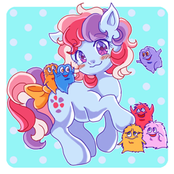 Size: 1160x1160 | Tagged: safe, artist:tsukuda, imported from derpibooru, sweet stuff, bushwoolie, earth pony, pony, my little pony 'n friends, blushing, bow, cute, female, g1, jumping, pixiv, riding, smiling, solo, sweet sweet stuff