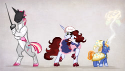 Size: 3500x2000 | Tagged: safe, artist:vindhov, imported from derpibooru, oc, oc only, oc:marigold twinkle, oc:riposte, oc:scarlet heart, pony, unicorn, bipedal, coat markings, facial markings, female, fencing, filly, flower, hat, helmet, magic, male, mare, offspring, parent:donut joe, parent:princess cadance, parent:rarity, parent:shining armor, parent:sunburst, parent:twilight sparkle, parents:rarijoe, parents:shiningcadance, parents:twiburst, rapier, roller derby, roller skates, rose, snip (coat marking), stallion, sword, weapon, wizard, wizard hat, wizard robe