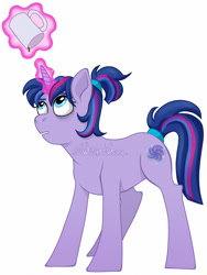 Size: 1024x1365 | Tagged: safe, artist:whisperseas, imported from derpibooru, oc, oc only, oc:nebula swirl, pony, unicorn, bags under eyes, coffee mug, female, levitation, magic, mare, offspring, parent:flash sentry, parent:twilight sparkle, parents:flashlight, scrunchie, simple background, solo, telekinesis, white background