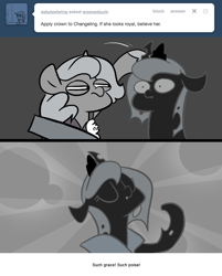 Size: 666x830 | Tagged: safe, artist:egophiliac, imported from derpibooru, princess luna, oc, oc:imogen, oc:pebbl, changeling, changeling queen, moonstuck, cartographer's cap, changeling oc, changeling queen oc, crown, female, filly, grayscale, hat, jewelry, majestic, marauder's mantle, monochrome, moon roc, regalia, woona, woonoggles, younger