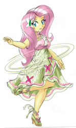 Size: 1834x3072 | Tagged: safe, artist:danmakuman, imported from derpibooru, fluttershy, equestria girls, clothes, costume, dress, female, legs, simple background, solo, white background