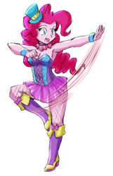 Size: 1909x2963 | Tagged: safe, artist:danmakuman, imported from derpibooru, pinkie pie, equestria girls, armpits, boots, bracelet, breasts, cleavage, clothes, costume, fall formal outfits, female, hat, high heel boots, jewelry, simple background, solo, top hat, white background