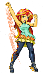 Size: 1759x2997 | Tagged: safe, artist:danmakuman, imported from derpibooru, sunset shimmer, equestria girls, armpits, breasts, busty sunset shimmer, clothes, costume, female, pantyhose, simple background, solo, white background