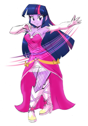 Size: 1922x2731 | Tagged: safe, artist:danmakuman, imported from derpibooru, twilight sparkle, human, equestria girls, armpits, boots, breasts, cleavage, clothes, costume, dress, female, high heel boots, shoes, simple background, solo, thigh boots, white background