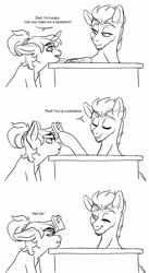 Size: 1024x1862 | Tagged: safe, artist:whisperseas, imported from derpibooru, flash sentry, oc, oc:nebula swirl, pegasus, pony, unicorn, bread, comic, dad joke, father and daughter, female, floppy ears, food, horn impalement, mare, monochrome, offspring, parent:flash sentry, parent:twilight sparkle, parents:flashlight