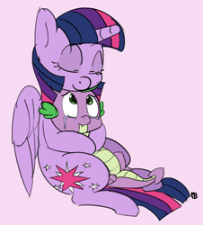 Size: 1280x1419 | Tagged: safe, artist:pabbley, color edit, edit, imported from derpibooru, spike, twilight sparkle, alicorn, dragon, pony, colored, crying, hug, mama twilight, pink background, simple background, spikelove, tears of joy, twilight sparkle (alicorn)