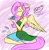 Size: 1190x1206 | Tagged: safe, artist:200shadowfan, artist:ask-fnaf, imported from derpibooru, fluttershy, anthro, bird, plantigrade anthro, rabbit, clothes, dress, female, kneeling, solo
