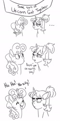 Size: 1024x2048 | Tagged: safe, artist:whisperseas, imported from derpibooru, oc, oc only, oc:nebula swirl, oc:taffy twirl, pony, unicorn, ..., banner, comic, eyebrows, female, mare, monochrome, offspring, parent:flash sentry, parent:party favor, parent:pinkie pie, parent:twilight sparkle, parents:flashlight, parents:partypie