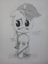 Size: 1536x2048 | Tagged: safe, artist:kimjoman, artist:php142, imported from derpibooru, oc, oc only, oc:purple flix, pony, blushing, grayscale, monochrome, shy, solo, traditional art