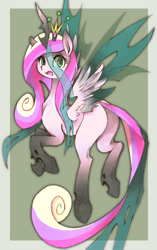 Size: 800x1275 | Tagged: safe, artist:kolshica, imported from derpibooru, princess cadance, queen chrysalis, alicorn, changeling, changeling queen, blank flank, butt, crown, female, fusion, jewelry, looking at you, open mouth, plot, regalia, solo, spread wings