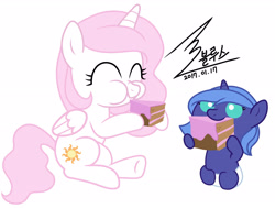 Size: 2672x2024 | Tagged: safe, artist:bluse, imported from derpibooru, princess celestia, princess luna, alicorn, pony, baby, baby pony, cake, cakelestia, cakeluna, cewestia, cute, duo, eating, eyes closed, female, filly, filly celestia, filly luna, food, lunabetes, nose wrinkle, pink-mane celestia, show accurate, simple background, sitting, underhoof, white background, woona, younger