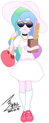 Size: 550x1364 | Tagged: safe, artist:bluse, imported from derpibooru, princess celestia, equestria girls, baguette, bread, clothes, dress, female, food, principal celestia, purse, show accurate, solo, sunglasses