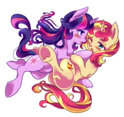 Size: 585x550 | Tagged: safe, artist:tsukuda, imported from derpibooru, sunset shimmer, twilight sparkle, pony, unicorn, blushing, female, lesbian, mare, open mouth, shipping, simple background, sunsetsparkle, white background